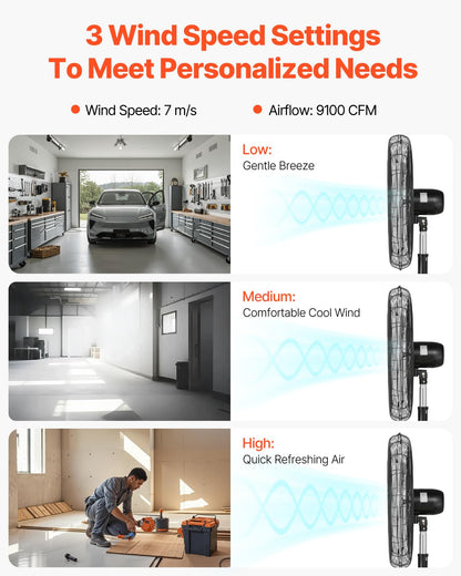 VEVOR Industrial Pedestal Fan, 30 Inch 85-Degree Oscillating Fan, Height Adjustable Standing Fans with 3 Adjustable Speeds, High Power Floor Fans for Office, Black