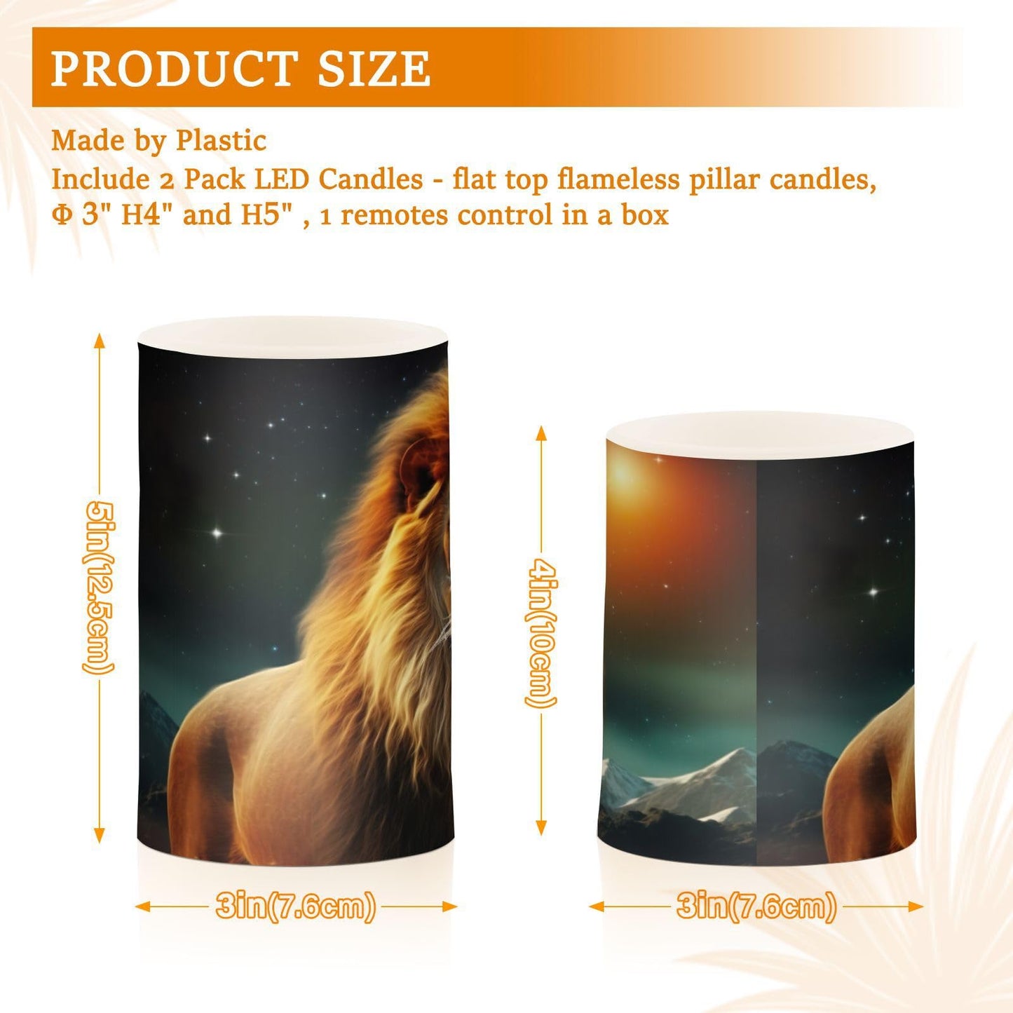 GOODOLD Flameless Candles with Remote Control and Timer, Night Sky Lion Flickering Candles Battery Operated LED Pillar Candles, Warm Light for Home Decor, Set of 2 (D 3" x H 4" 5")