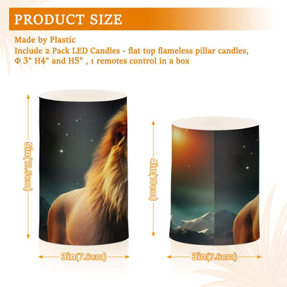 GOODOLD Flameless Candles with Remote Control and Timer, Night Sky Lion Flickering Candles Battery Operated LED Pillar Candles, Warm Light for Home Decor, Set of 2 (D 3" x H 4" 5")