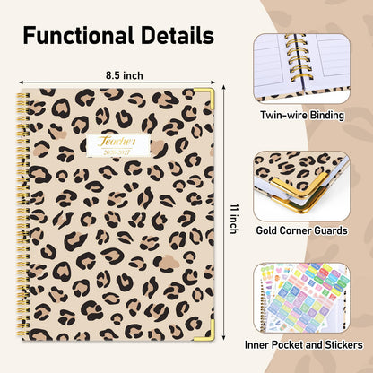 Teacher Planner 2026-2027, Jul 2026-Jun 2027 Academic Year, 8.5" x 11" Lesson Planner Book for Teacher Calendar, Spiral Bound Planners, Planning Stickers, Colorful Monthly Tabs, Leopard