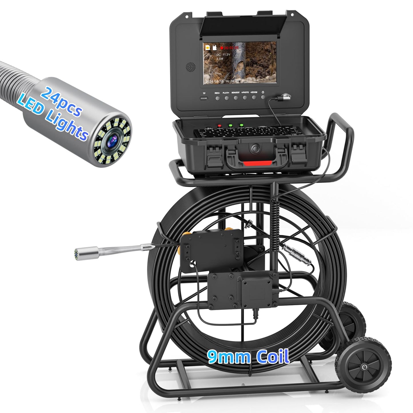 Sanyipace Sewer Camera 165FT/50M with 512Hz Transmitter, Self-Leveling, Drain Plumbing Pipe Inspection Camera with Mic Speaker, DVR Recorder, 16GB TF Card, 9mm Rigid Cable, Pipe Pulley Guide Wheel