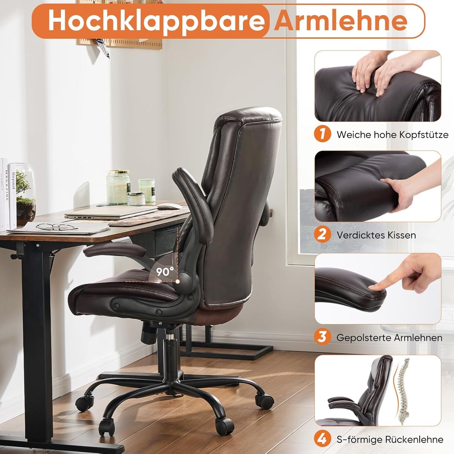 Sweetcrispy Computer Gaming Chair, Ergonomic High Back Heavy Duty Task Desk Office Chairs with Wheels, Flip-up Arms, Adjustable Height, PU Leather,Dark Brown