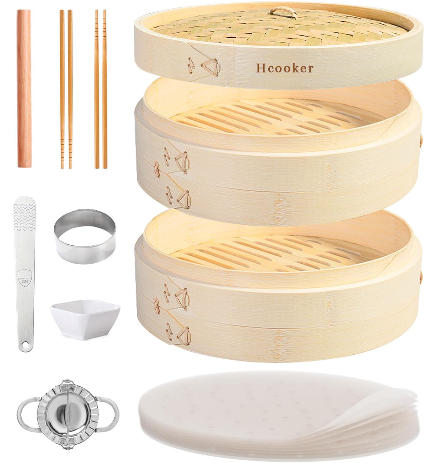 Hcooker Bamboo Steamer Basket Set, 8-Inch 2-Tier Steamer for Cooking, Chopsticks Liners Sauce Dish Dumpling Making Tools, Steaming Asian Food, Bao Buns, Meat, Dim Sum, Rice, Vegetable Steam Pot