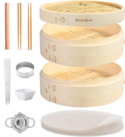 Hcooker Bamboo Steamer Basket Set, 8-Inch 2-Tier Steamer for Cooking, Chopsticks Liners Sauce Dish Dumpling Making Tools, Steaming Asian Food, Bao Buns, Meat, Dim Sum, Rice, Vegetable Steam Pot