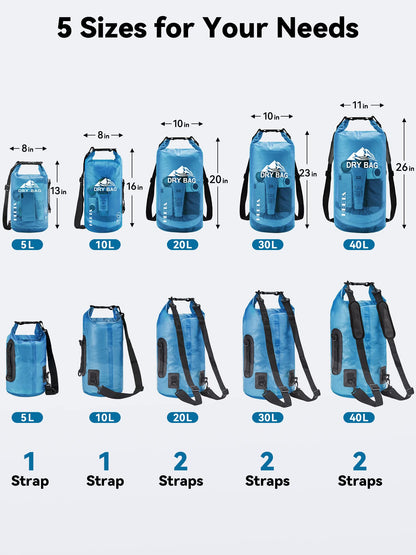 HEETA Dry Bag Waterproof for Women Men, Roll Top Lightweight Dry Storage Bag Backpack with Phone Case for Travel Swimming Boating Kayaking Paddle Board Camping Beach Accessories (Transparent Blue, 5L)