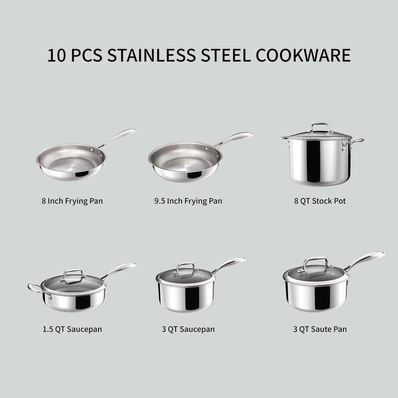 SANFELA Cookware, 10 Piece Stainless Steel Pot and Pan Set, 5 Ply Clad, Includes Frying Pans, Saucepans, Saute Pan and Stock Pot, Compatible with All Cooktops, PTFE, PFAS and PFOA Free