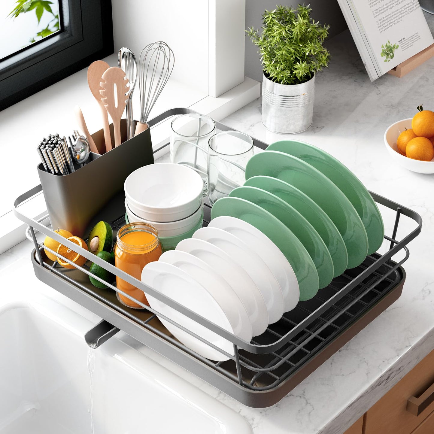 Kitsure Dish Drying Rack for Kitchen Counter, Stainless Steel Sink Organization and Storage Essentials with Cutlery Holder, Home and Appartment Decor, 12''W x 15.5''L, Grey