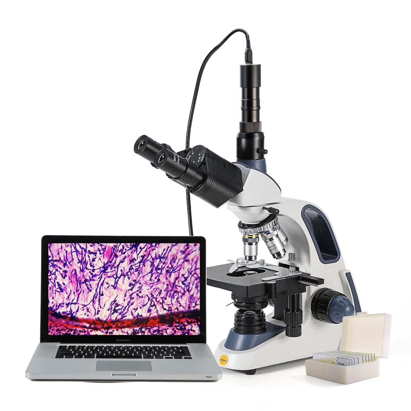 SWIFT Compound trinocular Microscope, 40X-2500X Digital Lab trinocular Compound LED Microscope with 3MP USB Camera and Slides,Mechanical Stage