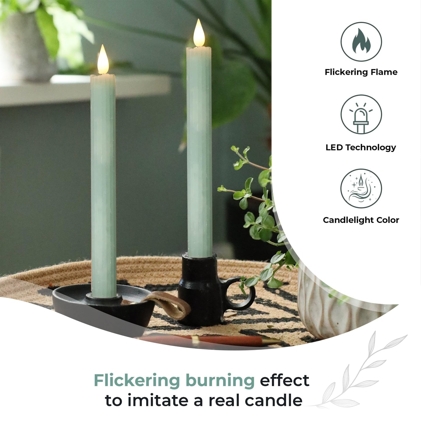 comforder Flameless Taper Candles – Flickering LED Flame with 6H Timer – Real Wax, Ribbed Design – Battery Operated Set of 2 – 10" Tall (Eucalyptus Green)