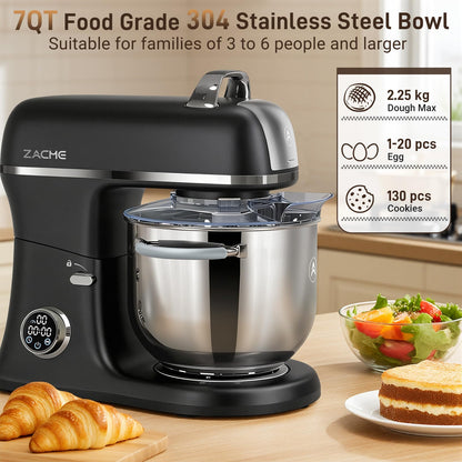ZACME 7 Quart Stand Mixer Aluminum Die Casting, 650W 12 Speed Tilt-Head Kitchen Electric Stand Mixer, Household Food Mixer with Stainless Steel Bowl, Dough Hook, Whisk and Beater (Black)