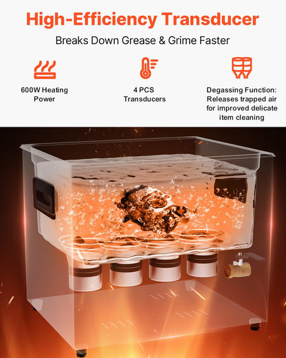 VEVOR Ultrasonic Cleaner, 10L, 600W Heating Power Ultra Sonic Cleaning Machine with Gentle Mode & Upgraded Degassing, 4 PCS Transducers, 40kHz Industrial Ultrasound Cleaner for Jewelry, Beakers, Tools