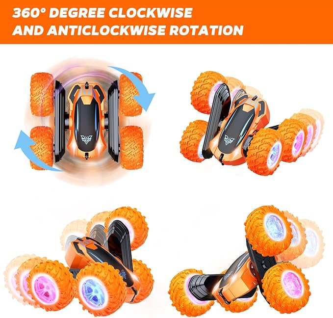 Remote Control Car 2.4GHz Electric Race Stunt Car Double Sided 360° Rolling Rotating Rotation LED Headlights RC 4WD High Speed Off Road Gift for 3 4 5 6 7 8-12 Year Old Boy Toys (Orange)
