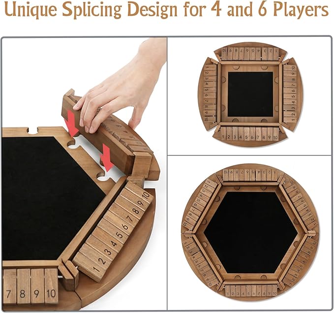 Shut The Box Game for 1-6 Players Plusvivo Large Round Wooden Board Dice Game with 14 Dice for Adults 6 Way Clever Math Game for Home Classroom or Pub