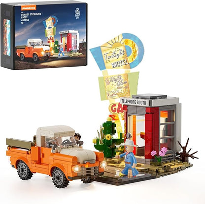 City Sunset-Stopover Lighting-Building-Bricks Set - Road Trip Car Station Modular Collection LED Light Building Set 455 Pcs for Adults Teen and Travelling Enthusiasts