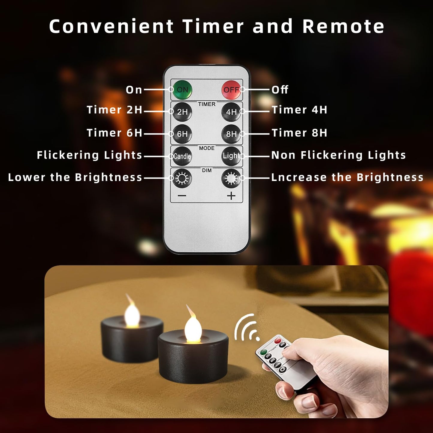 ODTRAM Black Tea Lights Candles Battery Operated: 12-Pack with Remote Control and Auto Timer, Realistic Flickering LED for Wedding, Halloween, Christmas & Home Decor