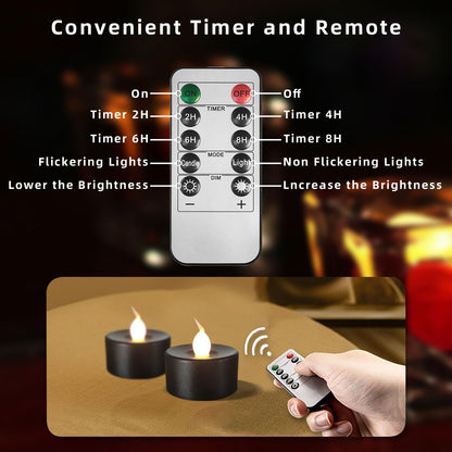 ODTRAM Black Tea Lights Candles Battery Operated: 12-Pack with Remote Control and Auto Timer, Realistic Flickering LED for Wedding, Halloween, Christmas & Home Decor