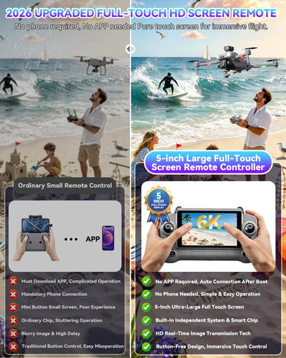 3.0 Upgraded GPS Drone for Adults -【5 Inch Full Touchscreen Controller】【 6K EIS Ultra Clear Camera】60-Min Long Flight Time with 2 Batteries, 10KM Video Transmission, Smart Auto Return, Under 249g