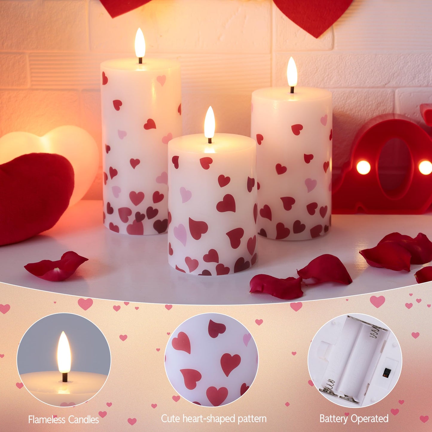 JOIONE Flameless Pillar Candles with Remote, 3 Pack Battery Operated Real Wax LED Candles, Perfect for Home Decorations Fireplace Table, Heart Sticker