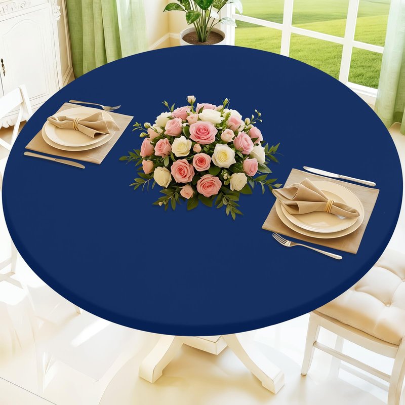 Moosfor Round Spandex Tablecloth, Elastic Fitted Waterproof Tablecloths for 42"-50" Tables, Stretch Washable Picnic Table Cover for Camping, Dining, Indoor and Outdoor, Navy