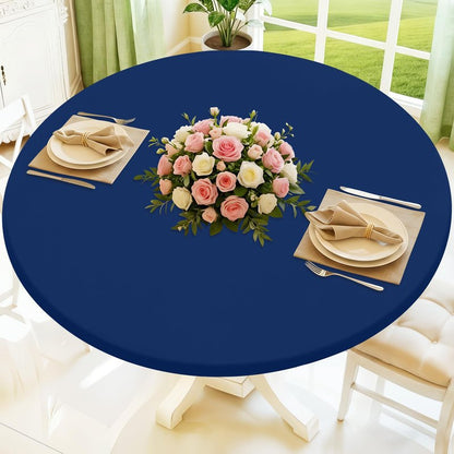 Moosfor Round Spandex Tablecloth, Elastic Fitted Waterproof Tablecloths for 31"-35" Tables, Stretch Washable Picnic Table Cover for Camping, Dining, Indoor and Outdoor, Navy