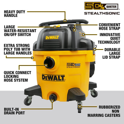 DEWALT 10 Gallon 5.0 Peak HP STEALTHSONIC Shop Vacuum Wet and Dry, Ultra Quiet Wet Dry Vac, Ideal for Jobsite, Garage, Car & Workshop, DXV10P-QT with Attachments & Powerful Suction, Portable Cleaning
