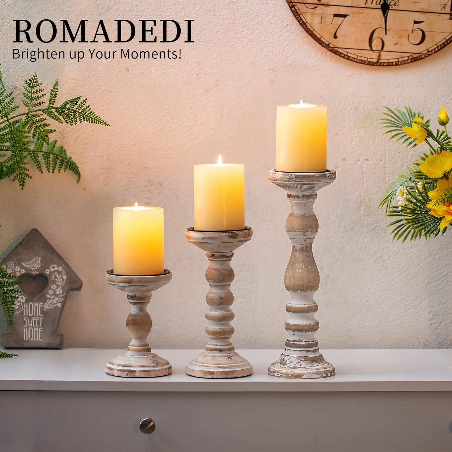 Candle Holder for Pillar Candles: Romadedi Set of 3 Decorative Wood Candlestick Holders, Rustic Wooden Candle Stand for Fireplace Mantle End Table Shelf in Farmhouse Style, Whitewashed 6”, 8.3”, 12”