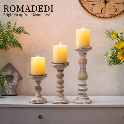 Candle Holder for Pillar Candles: Romadedi Set of 3 Decorative Wood Candlestick Holders, Rustic Wooden Candle Stand for Fireplace Mantle End Table Shelf in Farmhouse Style, Whitewashed 6”, 8.3”, 12”