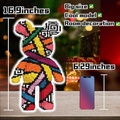 Rainbow Graffiti Teddy Bear Micro Building Blocks Set(16.9inches) Christmas Bear Building Blocks Winktoys Gift for Adult and Kid