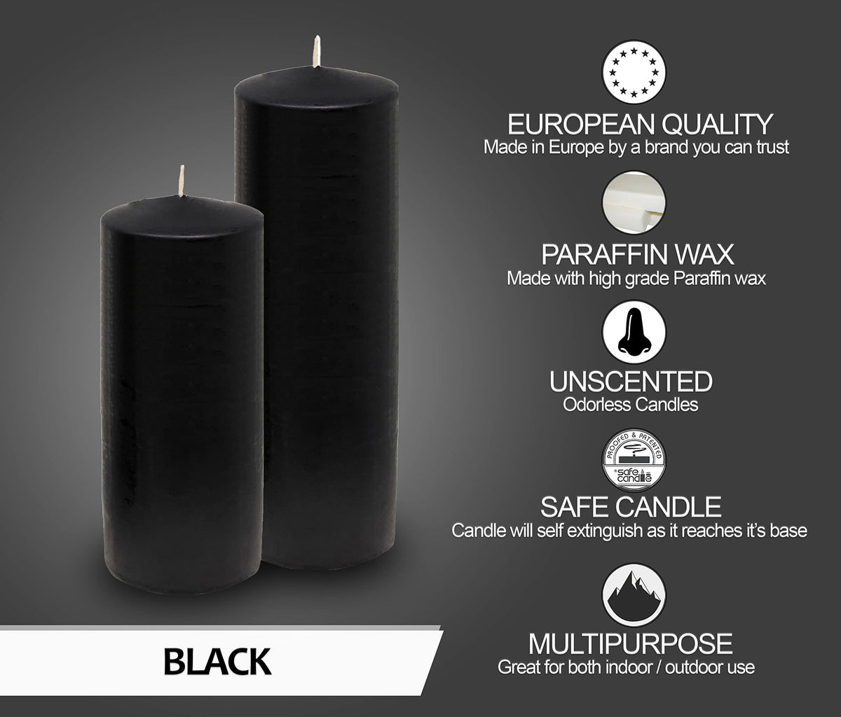 Hyoola Black Pillar Candles 2x8 Inch - 4 Pack Unscented Pillar Candles - European Made