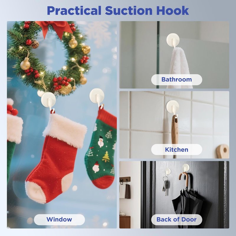OUTXE Wreath Hanger for Front Door, Upgraded Suction Cup Reef Hook for Glass Window/Over Door, Christmas/Thanksgiving/Halloween/July 4th/Easter/Valentine/Spring/Summer/Fall (White, 4-Pack)