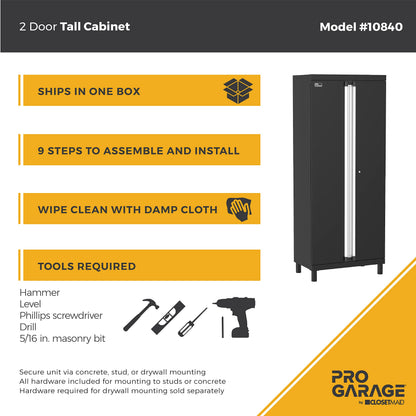 ClosetMaid ProGarage Tall Cabinet with Two Doors, Lock and Adjustable Shelves, for Garage Storage, Heavy Duty Steel, Black
