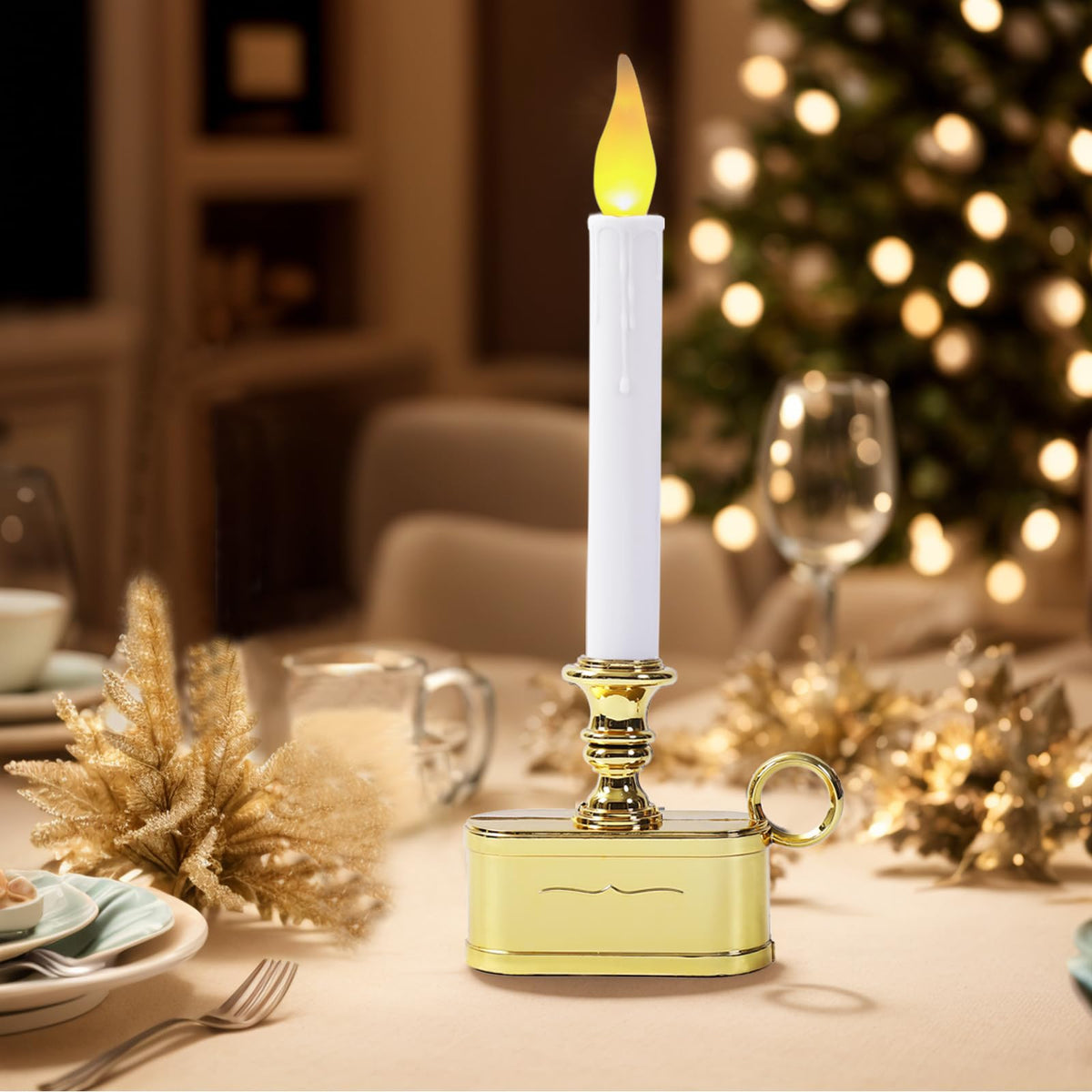 LitTerra Window Candles 2AA Battery Operated with Timer 8 Hours On and 16 Hours Off Led Warm White with Flicker Flame (Gold Base) Battery Not Included