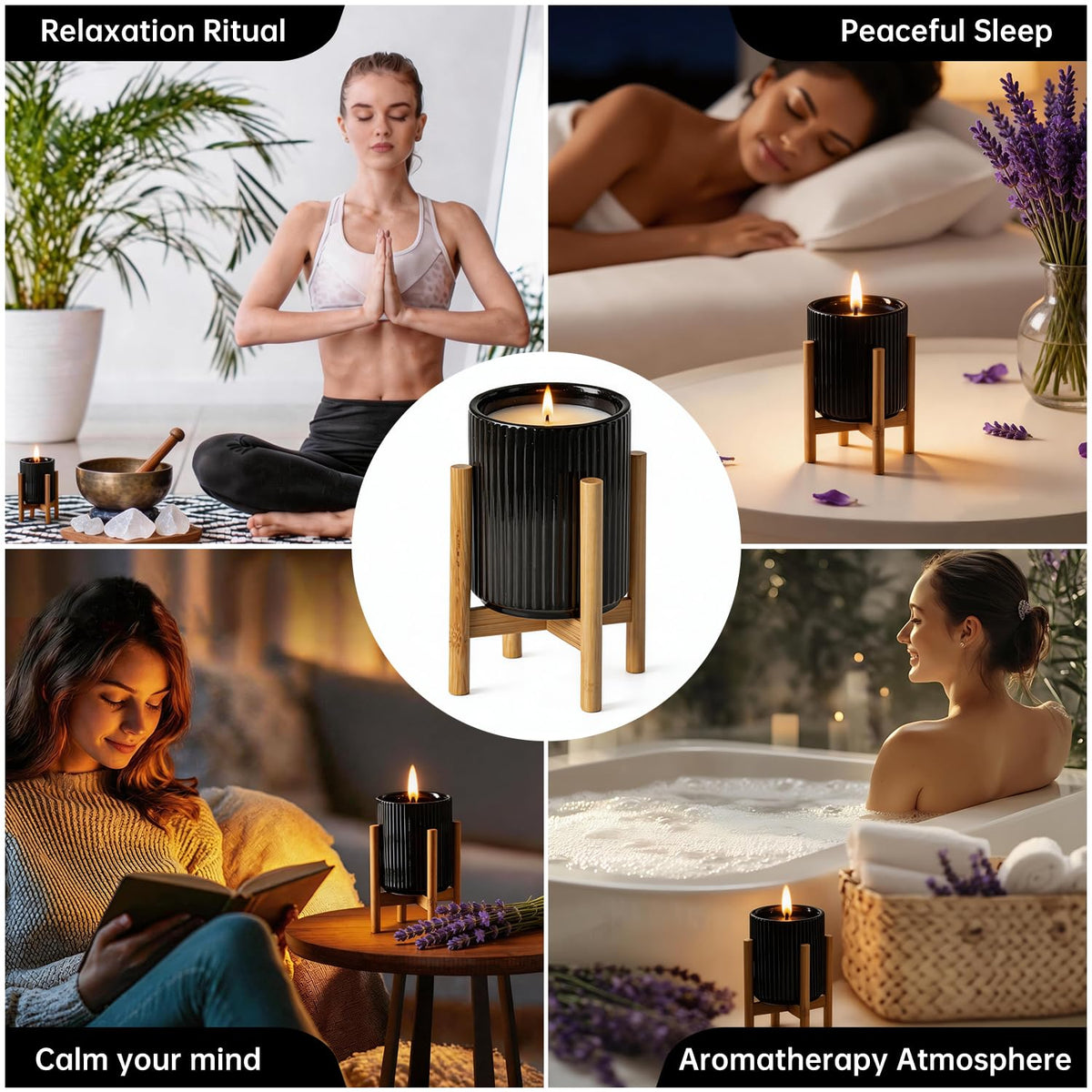 HUICAIMAO Lavender Scented Candle with Wood Stand& Ceramic Jar - 60H Natural Soy Wax, Highly Scented Aromatherapy Candle for Relaxation, Sleep & Home Decor, Elegant Gift for Women