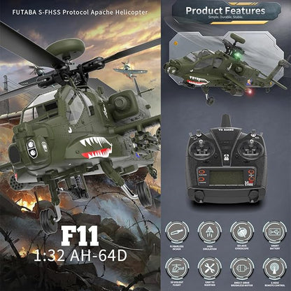 YUXIANG F11 AH64 RC Helicopter for Adults for AH64 Apache 1/32 Scale 2.4G 6CH 6G/3D Stunt Remote Control Military Aircraft Toys with 6-Axis Gyro &amp 2 Brushless Motor &amp Lights - BNF