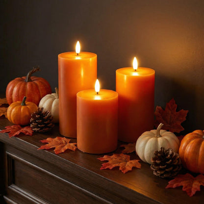Eywamage Orange Flameless Pillar Candles with Remote, Flickering LED Wax Candles Battery Operated Set of 3