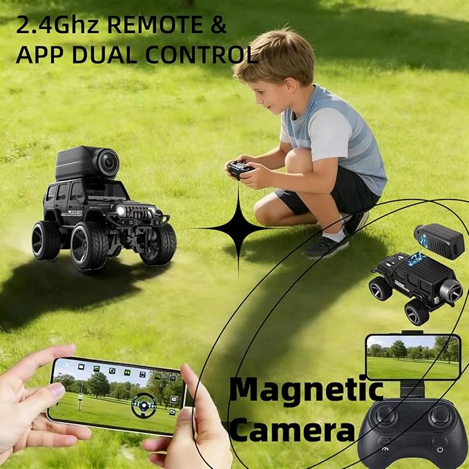 1:64 Scale 4WD Alloy Mini RC Crawler Car with FPV Camera 2.4GHz RTR Off-Road Mini Desktop RC Drift Car with LED Lights Adjustable Speed Dual Mode Model Vehicle Toy Gift for Adults Kids
