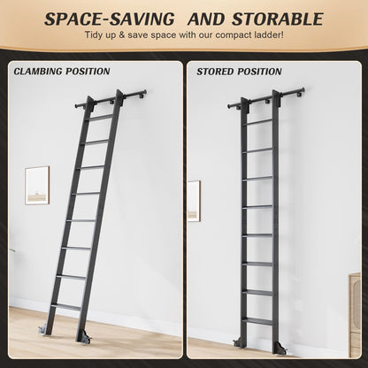 Fredbeck Aluminium Rolling Library Step Ladders 108" with 8FT Sliding Hardware Track Kit for Kitchen,Loft,Warehouses,Bookstore,attic,Metal Black