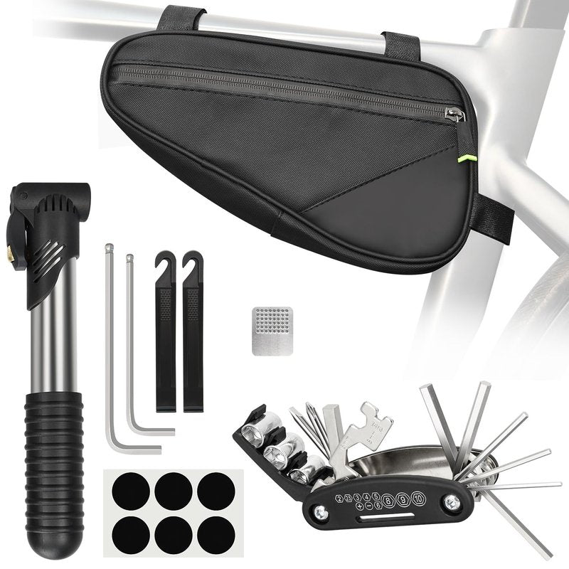PXZBLG Bike Repair Kit, Bike Bicycle Frame Storage Bag, Waterproof Bike Triangle Bag, 16-in-1 Bike Multitool, Bicycle Tire Repair Kit, 4mm and 5mm Allen Wrenches for Mountain Road Bike, MTB