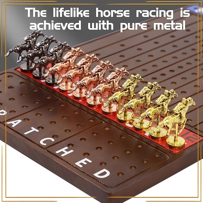 Metal Horse Race Board Game Racing Game Thickened Solid Wood with 11 Luxurious Durable Classic Metal Horses with 2 Dice and 2 Boxes of Cards Horse Racing Game (WalnutRectangle)