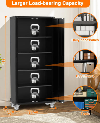 Garvee Storage Metal Cabinet 71" with Doors and 4 Shelves Adjustable Adjustable Feet and Lock Tall Storage Cabinet for Pantry Garage Craft Bedroom Office Shop