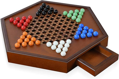 15 Large Upgraded Wooden Chinese Checkers Game Board – Premium 16mm Glass Marbles (60 + 12 Extras) Easy Grip Storage Drawer Ideal Multi-Player Puzzle Game for 2-6 Players