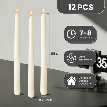 OSHINE Ivory 10 Inch Taper Candles - 12 Pack Long Taper Candle Dripless Unscented Smokeless & Emergency 7-8 Hours Long Burning Tall Candlesticks Ideal for Weddings, Dinner Party, Easter