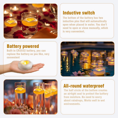 Eynshoo 24 Pack Floating Candles,3-Inch Waterproof LED Tea Lights–Realistic Flickering Flame,160-Hour Battery, Flameless&Safe, Auto On/Off for Centerpieces,Pool, Weddings,Halloween, Parties