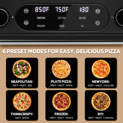Lagute Electric Pizza Oven - 12-Inch Countertop Indoor Pizza Maker with 6 Presets, 850°F High Heat, Dual Heating Components, Pizza Stone & Peel Included