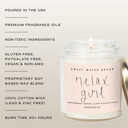 Sweet Water Decor Relax Girl, Peppermint, Cedar, Clove, and Eucalyptus Scented Soy Wax Candle for Home | 9oz Clear Jar, 40 Hour Burn Time, Non Toxic, Made in the USA