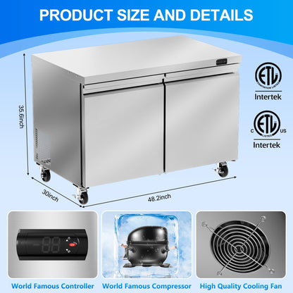 Rockitch 48" W Commercial Undercounter Refrigerator, 11.1 Cu.ft Stainless Steel Worktop Refrigerator, 2 Doors Fan Cooling Kitchen Fridge with Adjustable Shelves for Restaurant Food Prep, ETL Approved