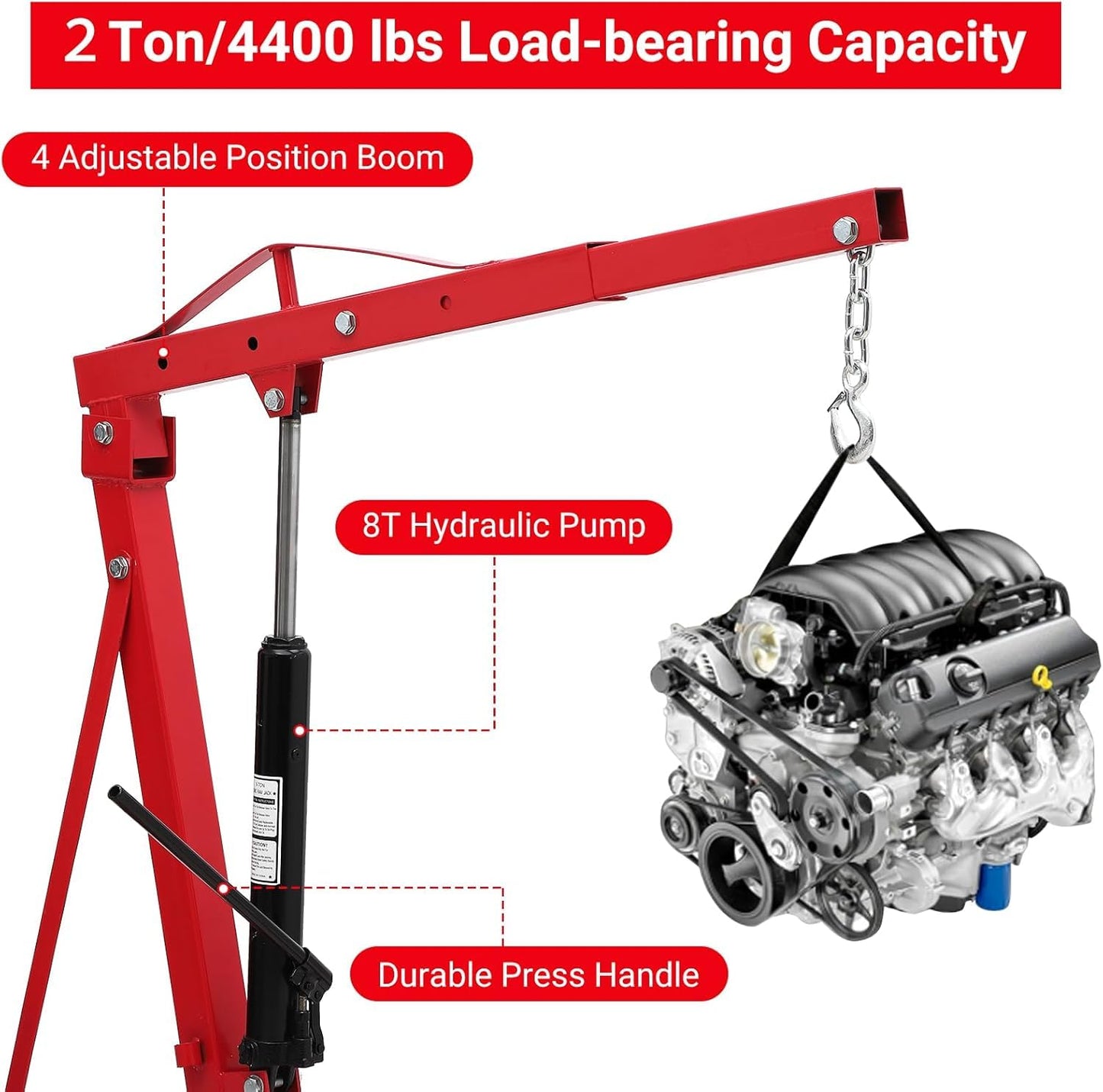 2-Ton Folding Engine Hoist Cherry Picker 4400 Lb Capacity Hydraulic Shop Crane with Telescoping Boom 6 Caster Wheels for Automotive Repair Garage Use Includes Hitch and Storage Stand Red