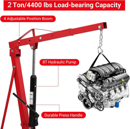 2-Ton Folding Engine Hoist Cherry Picker 4400 Lb Capacity Hydraulic Shop Crane with Telescoping Boom 6 Caster Wheels for Automotive Repair Garage Use Includes Hitch and Storage Stand Red