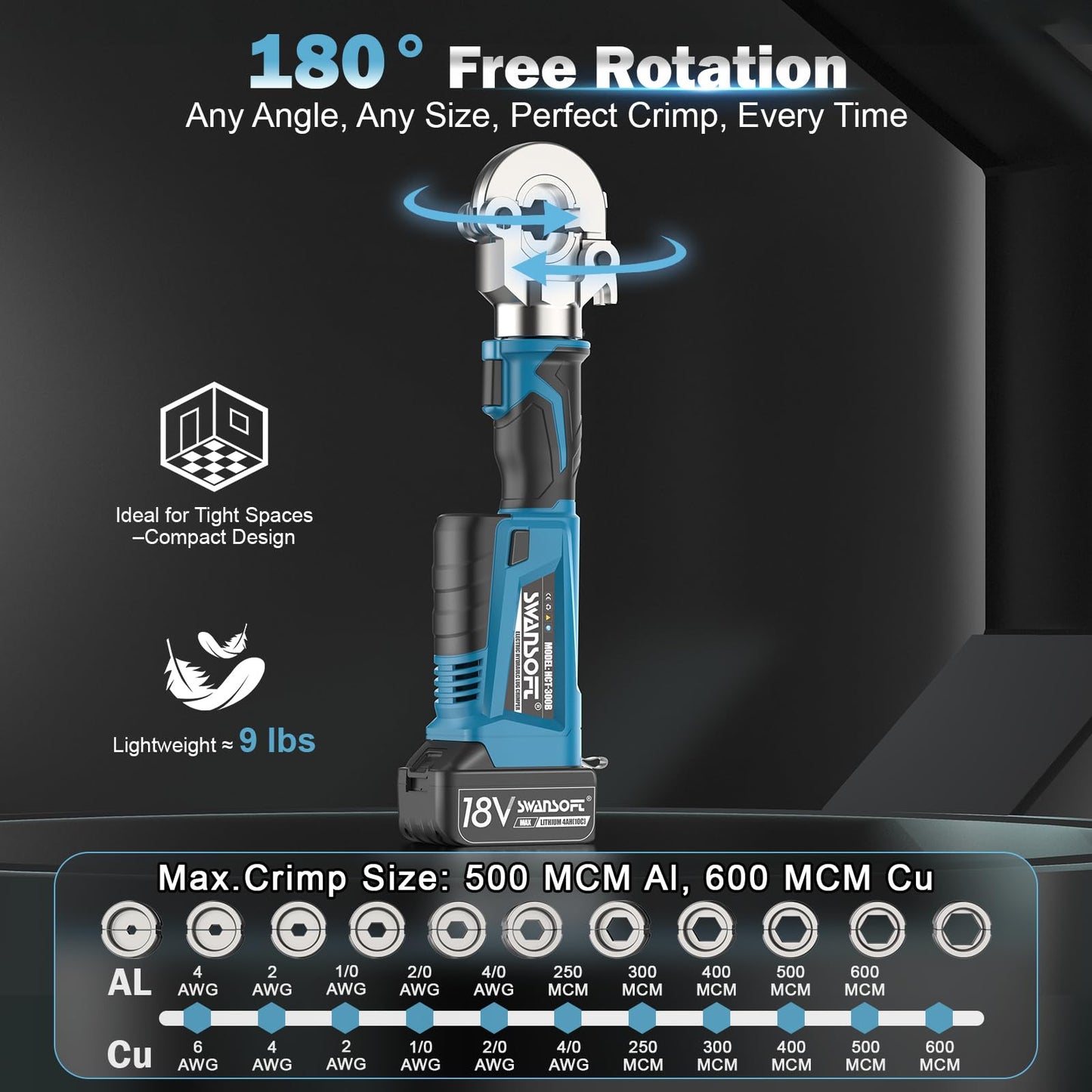 SWANSOFT Electric Hydraulic Crimping Tool, 6Ton 6AWG-600MCM Continuously Crimp Hydraulic Wire crimper for Cu/Al Terminal, Crimp 30000 Times Wire Cable Lug Crimping Tool Kit with 11 Dies (300B)