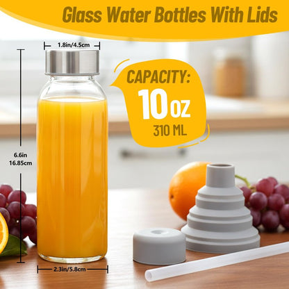 Luxfuel Glass Juice Bottles with Lids 10oz, 8 Pack Reusable Glass Water Bottle with Stainless Steel Caps & Straws, Leak Proof, BPA-Free – Small Juice Bottles for Juicing, Smoothies & Fridge Storage